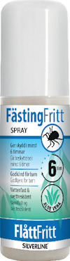 Sprayflaska med etikett som visar texten "FästingFritt SPRAY" samt en illustration av en fästing.