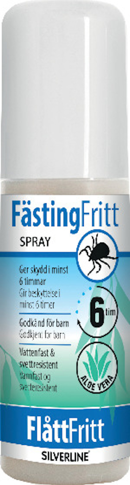 Sprayflaska med etikett som visar texten "FästingFritt SPRAY" samt en illustration av en fästing.