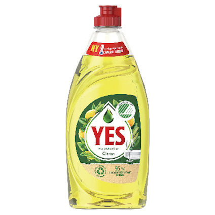 Flaska med Yes diskmedel, citron, med etikett om att spara energi. Gul vätska, röd kork.