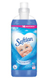 Flaska med sköljmedel märkt "Softlan Ultra Outdoor Fresh" med bild av en bebis och text "14 days of freshness".