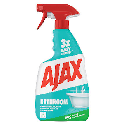 Sprayflaska med röd spraydel och etikett med texten "AJAX BATHROOM". Flaskan har en bild av ett badkar.