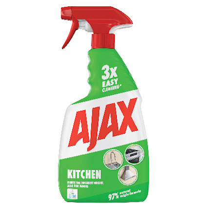 Grön sprayflaska med rött munstycke. Text: "Ajax Kitchen, 3x Easy Cleaning". Bilder på rengjorda köksytor.