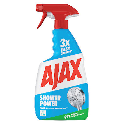 Sprayflaska med röd trigger, märkt med "AJAX Shower Power 3x Easy Cleaning".