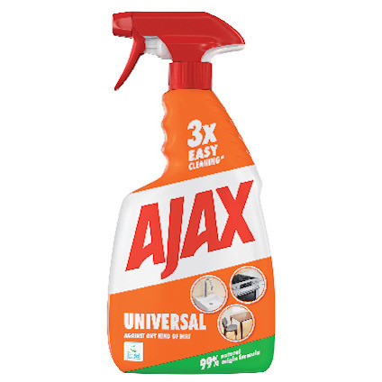 Ajax Universalsprayflaska med röd spraytrigger och etikett med text och bilder om städning och smutsborttagning.