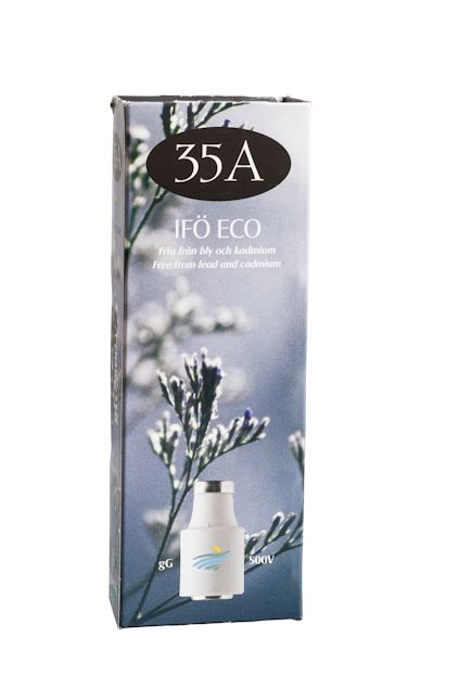 Förpackning med texten "35A IFÖ ECO". Visar en säkring och en växtbild i bakgrunden.