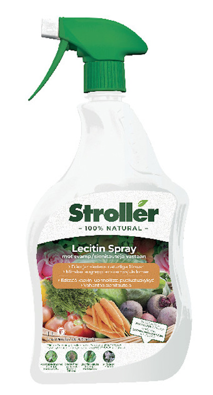 Sprayflaska med grön spraypump, etiketttext: "Stroller Lecitin Spray mot svamp". Bild av grönsaker och frukter.