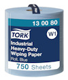 Torkrulle i blått med etiketttext: "Tork Industrial Heavy-Duty Wiping Paper, Roll, Blue, 750 Sheets", artikelnummer "13 00 80".
