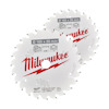 Två silverfärgade cirkelsågklingor med röd Milwaukee-logotyp, storlek 165 x 20 mm och illustrationer på ytan.