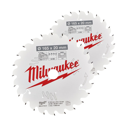 Två silverfärgade cirkelsågklingor med röd Milwaukee-logotyp, storlek 165 x 20 mm och illustrationer på ytan.
