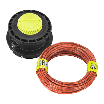 Svart trimmerhuvud med grön ratt bredvid en rulle med orange trimmertråd.