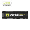 Svart och vit USB-litiumbatteri med RYOBI-logotyp och text, kapacitet 3Ah. USB-C-port synlig på vänster sida.