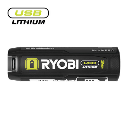 Svart och vit USB-litiumbatteri med RYOBI-logotyp och text, kapacitet 3Ah. USB-C-port synlig på vänster sida.