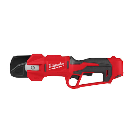 Röd och svart batteridriven sekatör märkt "Milwaukee" med ergonomiskt handtag.