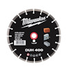 Rund diamantkapskiva med texten "Milwaukee" och "DUH 400", samt symboler för material och säkerhetsanvisningar.
