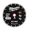 Diamantskiva med text "Milwaukee" och modellnummer "DU 300" på en svart bakgrund, tillsammans med symboler och specifikationer.
