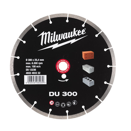 Diamantskiva med text "Milwaukee" och modellnummer "DU 300" på en svart bakgrund, tillsammans med symboler och specifikationer.