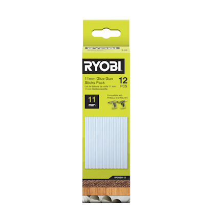 Förpackning med RYOBI 11mm limstavar, 12 st, med grönt och svart tryck. Visar limstavar samt text på framsidan.
