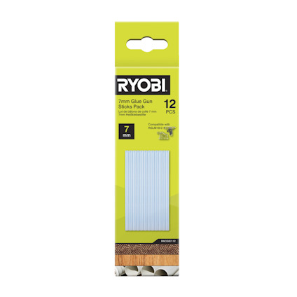 Förpackning med Ryobi limstavar, 12 st, 7 mm, visas mot grön bakgrund med vit text.