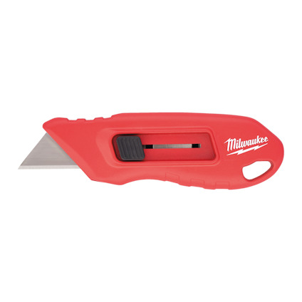Röd universalkniv med utdragbart blad och svart skjutregel, märkt med "Milwaukee".