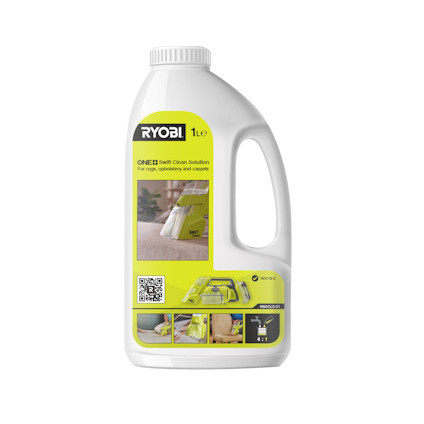 Vit flaska med etikett märkt "RYOBI 1L ONE+ Swift Clean Solution", visar bilder av en rengöringsapparat och text för mattor och klädslar.