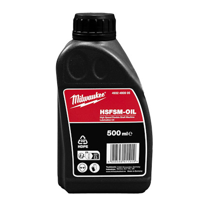 Flaska med svart lock och röd etikett märkt "HSFSM-OIL" samt "500 ml" från Milwaukee.