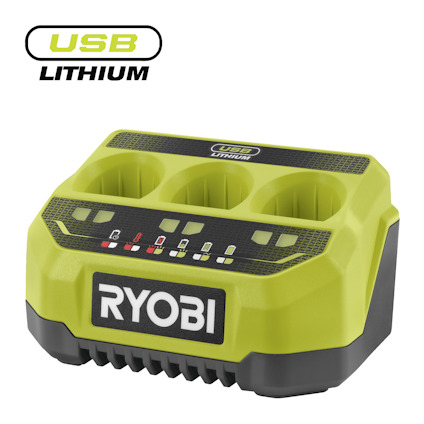 Grön och svart laddare med tre platser och indikatorlampor på framsidan. USB LITHIUM-logotyp ovanför. Märkt med "RYOBI".
