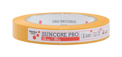 Maskeringstejp med orange yta och vit insida med texten "SUNCORE PRO 18mm 50m", samt flera ikonbilder.
