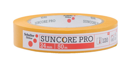 Rulle med gul maskeringstejp, etikett med texten "Schuller Eh'klar" och "SUNCORE PRO", samt symboler och måttangivelser.