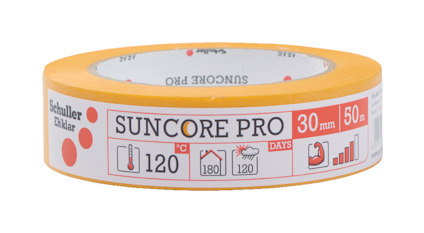 Maskeringstejp Suncore Pro i orange, med etikett som visar temperaturtolerans och hållbarhet.