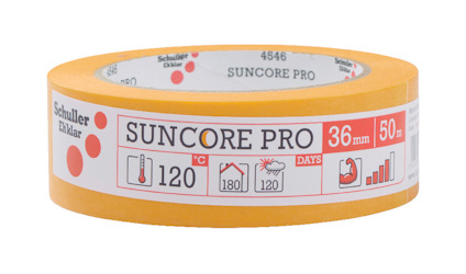 Rulle med gul maskeringstejp, etiketttext inkluderar "SUNCORE PRO", symboler för temperatur och tid.
