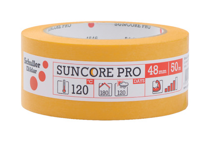 Gul maskeringstejp med texten "SUNCORE PRO" och symboler för temperatur och tid.