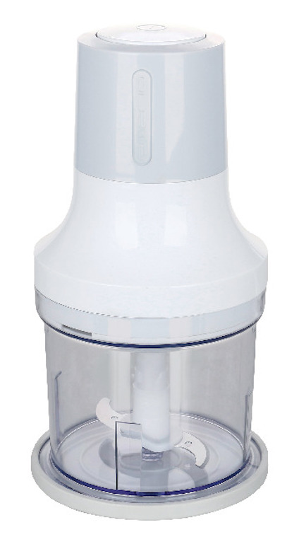 Vit elektrisk minihackare med transparent behållare och ett lock.