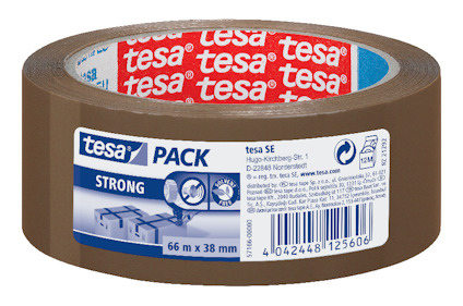 Brun packtejp med etikett som visar märke och information, inuti rullen syns ett rött mönster med texten "tesa".