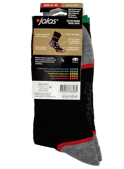 Svart och grå strumpa av märket Jalas, storlek 42-43, med etikett som visar material och skötselråd.