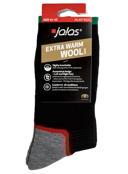 Svart Jalas extra varm ullsocka, storlek 42-43, med grå och röda detaljer, förpackad i kartong.