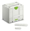 Vit förvaringslåda med gröna detaljer, märkt "Festool", och små separata vita plastbitar bredvid.