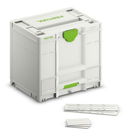 Vit förvaringslåda med gröna detaljer, märkt "Festool", och små separata vita plastbitar bredvid.