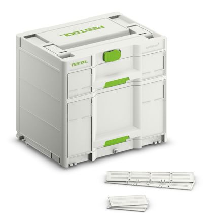 Grå förvaringslåda med gröna detaljer, märkt "Festool". Två utdragbara lådor och separata vita paneler ligger framför.