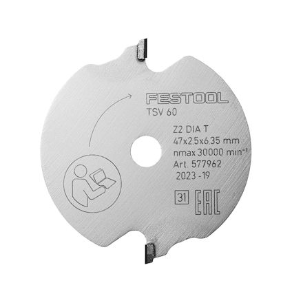 Rund ritsklinga av metall med texten "FESTOOL TSV 60" och tekniska specifikationer graverade.