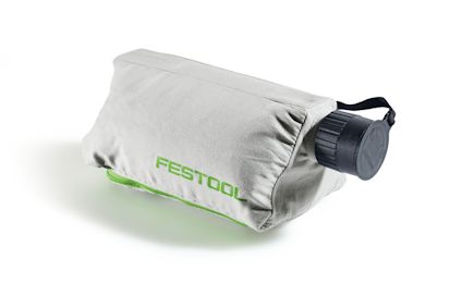 Dammpåse med grått tyg och svart plastlock, gröna bokstäver "Festool".