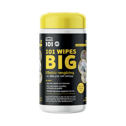 Rengöringsduk i burk med etikett "101 Wipes Big", gul lock, svart etikett med beskrivningar och bilder av användningsområden.