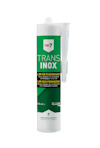 Kassett med TEC7 TRANS INOX lim och fogmassa, grön etikett med vit text, 310 ml, appliceringsmunstycke på toppen.
