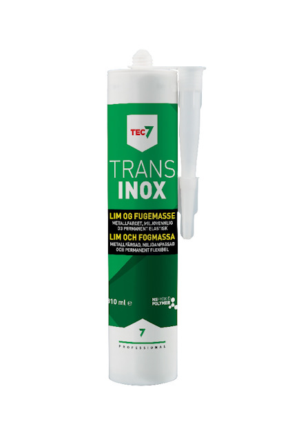 Kassett med TEC7 TRANS INOX lim och fogmassa, grön etikett med vit text, 310 ml, appliceringsmunstycke på toppen.