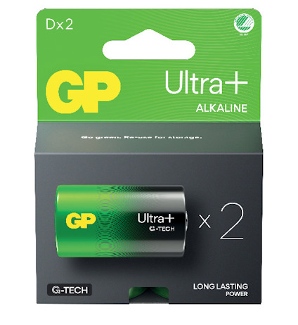 Grön och svart förpackning med två alkaliska Ultra+ batterier, märkt GP, G-TECH och Dx2.