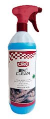 Sprayflaska med rött munstycke; etikett med texten "CRC BIKE CLEAN" och bild av en cykelkedja.