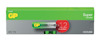 Förpackning med 12 gröna och grå GP Super AA-alkaliska batterier med märkning "Value Pack" och "+50% more power".