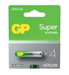 Förpackning med fyra GP Super Alkaline AAA-batterier. Grön och vit design med text om ökad effekt.