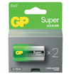 Förpackning med två GP Super Alkaline D-batterier, etikett med texten "Dx2" och "LONG LASTING POWER".