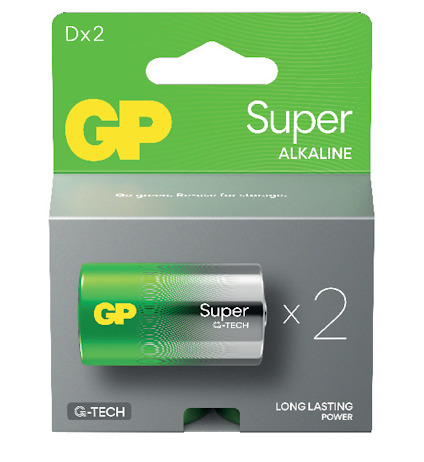 Förpackning med två GP Super Alkaline D-batterier, etikett med texten "Dx2" och "LONG LASTING POWER".