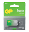 Förpackning av 9V GP Super alkaliskt batteri med texten "Super G-TECH" och "Long Lasting Power".